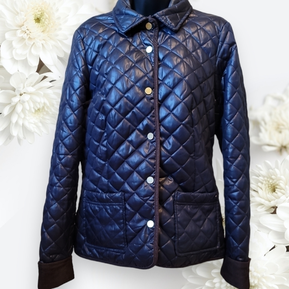 TOMMY HILFIGER Quilted Jacket with Corduroy Trim Lined Size Medium Navy/ Brown